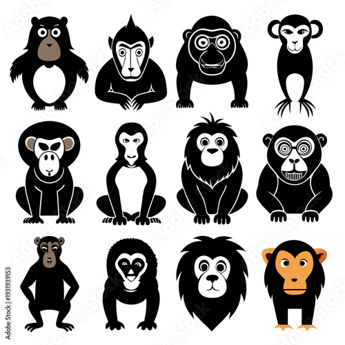 Set of twelve stylized monkey icons in vector format
