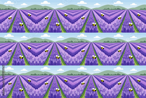 Lavender fields filled with bees and green hills during a clear day in summer