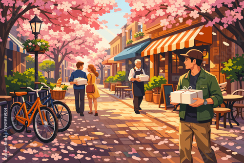 People walk on a street with cherry blossoms while carrying packages and enjoying a sunny day at a market in springtime