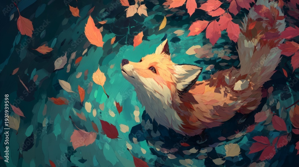 Obraz premium Whimsical Fox Painting Playing Among Vibrant Autumn Leaves in Water