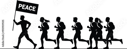 Silhouette group of people running with peace flag, vector illustration representing unity, activism, protest, movement, freedom, social cause