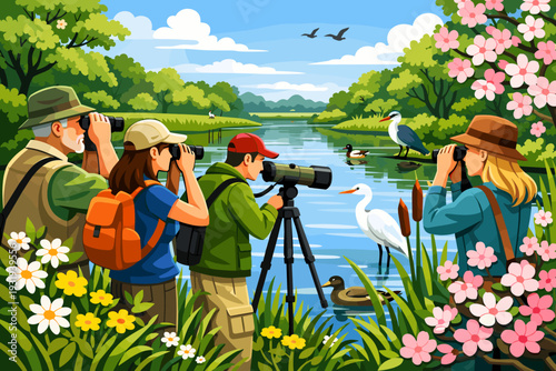 Group observes birds by a lake surrounded by trees and flowers during daytime, using binoculars and spotting scopes
