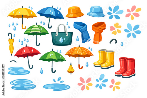 Collection of rain-related items with umbrellas, hats, and boots displayed against a white background