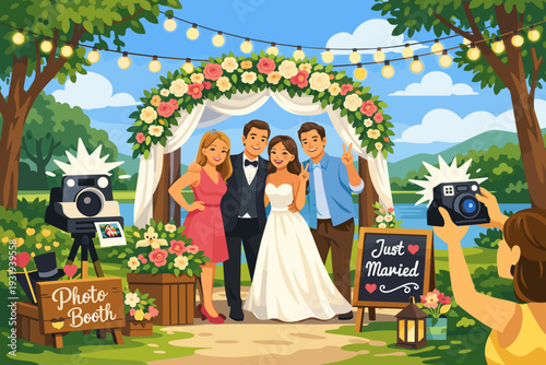 Friends pose for pictures at a wedding in a garden setting during daylight with decorations and flowers around