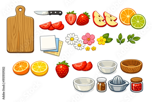 Preparing fruits and ingredients for a dessert in a kitchen setting with various colors and shapes