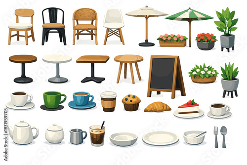 Various types of cafe furniture and food items in a simple layout showcasing different styles and colors