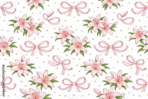 Floral pattern with pink flowers and bows on a light background for use in craft projects and home decor