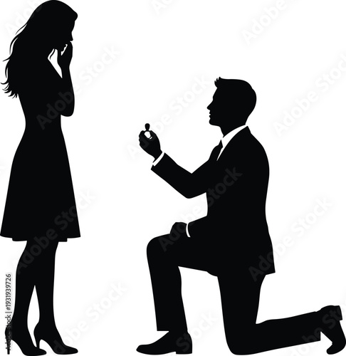 Silhouette man kneeling with ring proposing to woman, vector illustration representing marriage proposal, love, romance, engagement, commitment, relationship