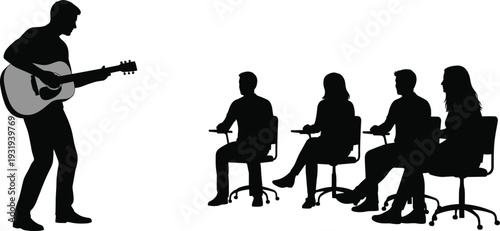 Silhouette of guitarist performing in classroom with seated audience, music lesson, teaching, entertainment, education, vector illustration design