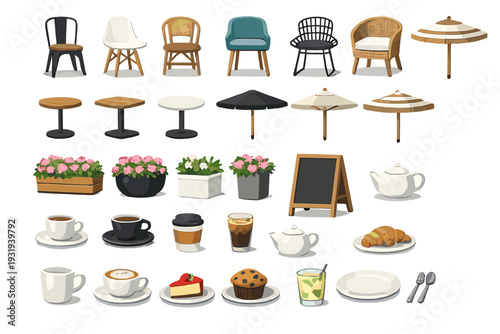 Various types of chairs, tables, and food items suitable for a cafe or outdoor dining space
