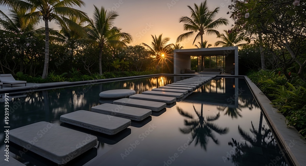 Fototapeta premium Luxurious tropical retreat with pool, modern architecture, and sunset glow