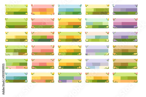 Colorful patterns arranged in rows with shades of different colors and simple designs on a white background