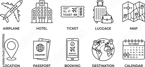 Monochrome travel icons set flat design vector illustration isolated on white background