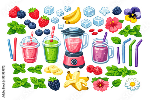 Smoothie preparation with fruits and kitchen tools in bright colors on a white background