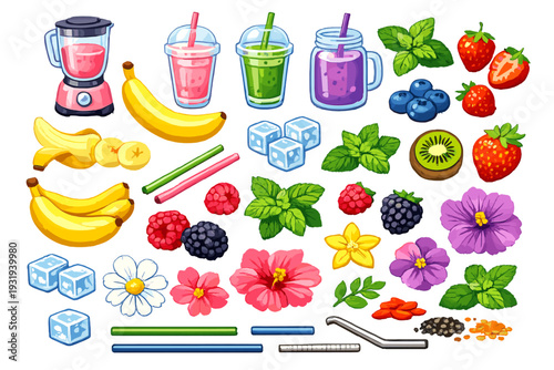 Colorful fruits and drinks for making smoothies in a kitchen setting with various flavors and ingredients shown on a table