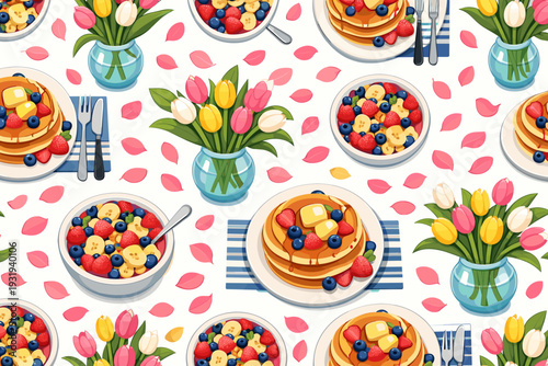 Bright patterns show food and flowers on a table with pancakes, fruit, and vases during a cheerful gathering in the morning