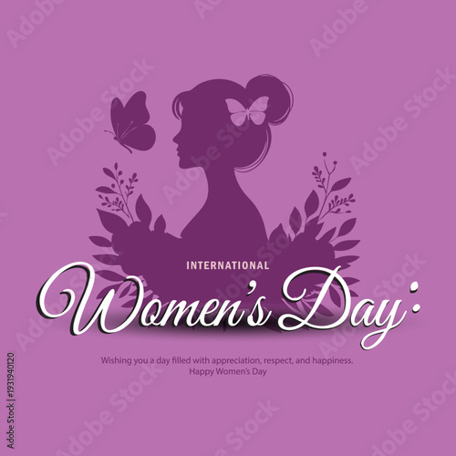 International Women’s Day Purple Design with Female Silhouette and Floral Elements