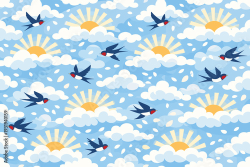 Colorful design of birds flying in the sky among clouds and suns on a bright day with light blue background