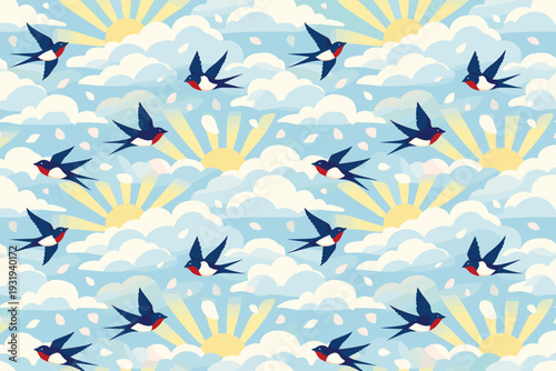 Colorful birds fly in the sky over clouds and sunshine during a bright day in a digital art pattern