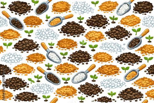 Different types of soil and seeds arranged on a white background with garden tools in view during a gardening activity