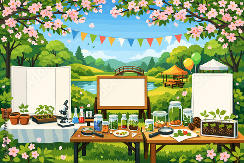 Many tables display plant experiments in a garden with trees and a lake during a sunny day with decorations and tents nearby