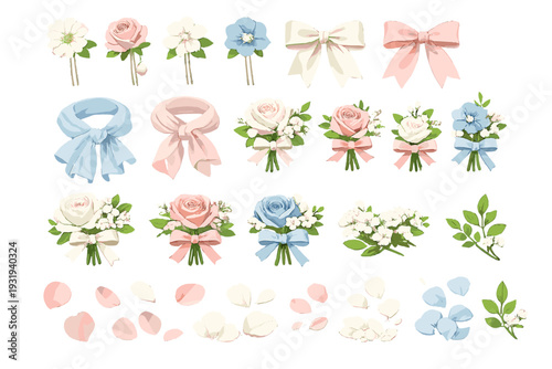 Different flower arrangements and ribbons for decoration in various colors and styles