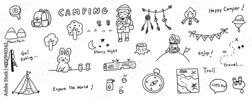 Hand drawn camping and hiking icons set featuring hiker character tent campfire compass and nature elements for outdoor adventure and summer forest travel vector design.