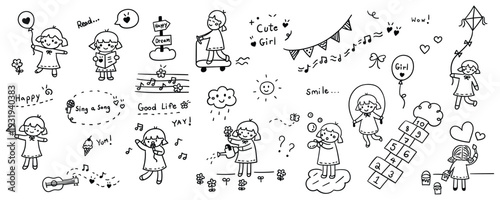 Hand drawn cute girl characters set playing singing reading and doing outdoor activities for childhood fun and daily hobbies vector design.