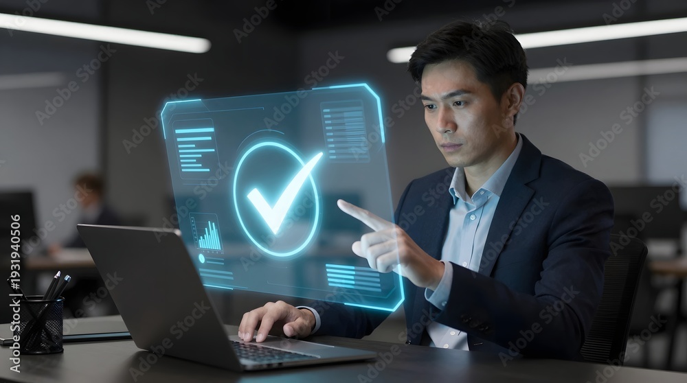 Fototapeta premium Man in suit interacting with virtual interface on laptop in modern office environment
