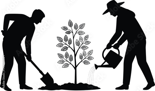 Silhouette people planting and watering tree illustration symbolizing teamwork, environmental care, sustainability, agriculture, growth, community gardening and nature.