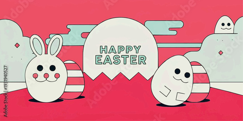 A colorful Easter illustration featuring cartoon eggs and a bunny