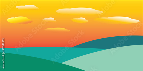 Soft 3d shapes background with orange sun, weather with global warming concept,  sky with blue orange colorful.