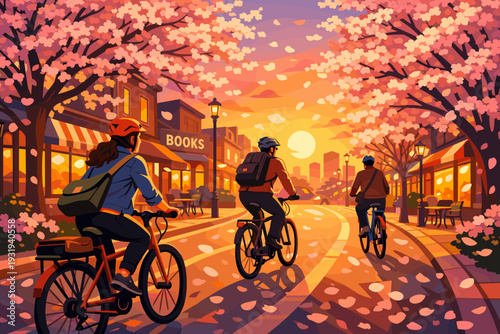 Cyclists ride past cherry blossom trees during sunset in a city street filled with shops and warmth