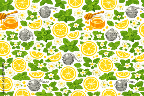Lemon slices, honey jars, mint leaves, and flowers arranged in a colorful pattern on a white background