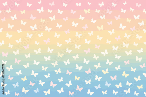 Colorful butterflies fill the background in a soft gradient from pink to blue during daytime
