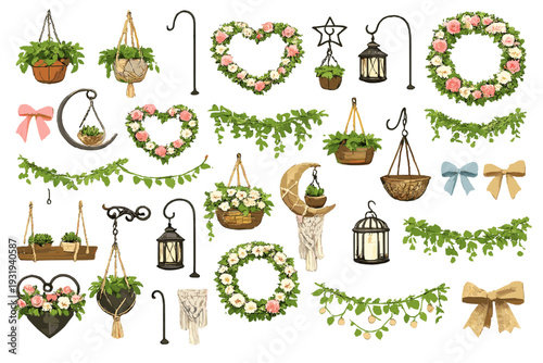 Floral decorations for home and garden, featuring wreaths, hanging plants, and various styles of planters and lights for different settings