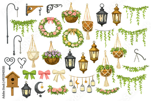 Collection of decorative hanging items for home and garden with flowers and lights