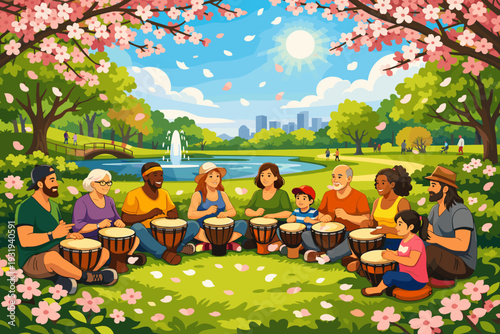 Group of people playing drums in a park during a sunny day surrounded by blooming flowers and trees