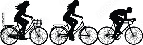 Silhouette people riding bicycles including women with baskets and man on road bike, vector illustration representing cycling, sport, lifestyle, motion