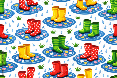 Colorful rain boots on blue puddles with grass and raindrops during a rainy day in a cheerful pattern