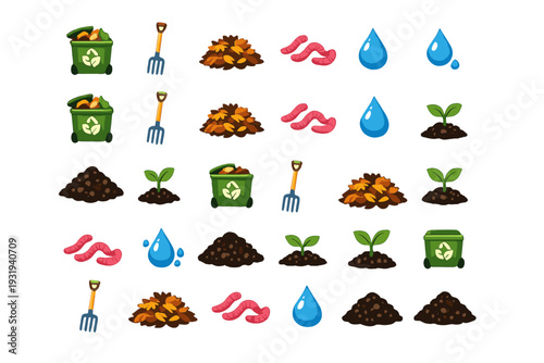 Recycling items, soil, and plant growth seen in a garden setting during daytime