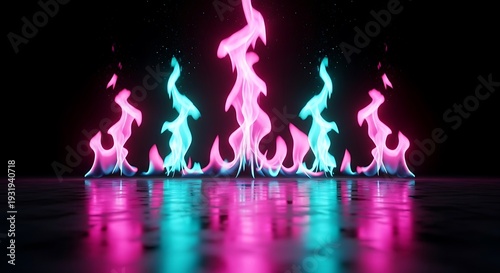 Abstract neon flames of pink and teal reflect on a dark surface, glowing in a void