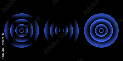 Sonic waves, WiFi signal glowing elements, radar sensor light effects, round wireless network neon symbols. Vector illustration.