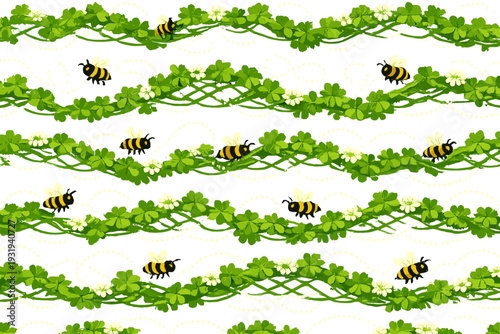 Bees and clover vines create a pattern in a garden setting in springtime