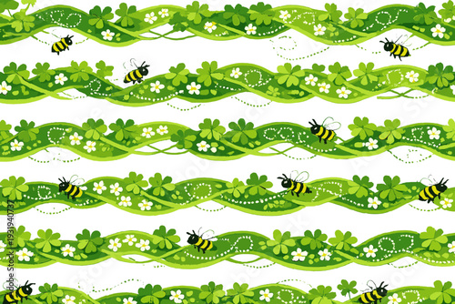 Patterns of green vines with flowers and bees in a simple design on a white background showing nature's elements