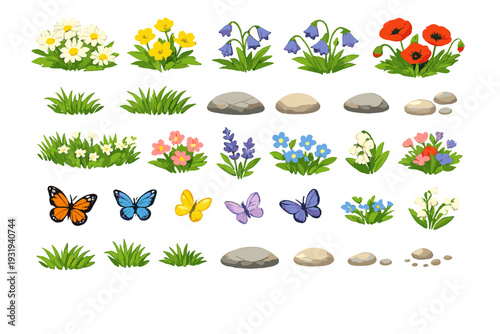 Colorful flowers and butterflies are arranged in a graphic design showing different types of plants and stones on a white background