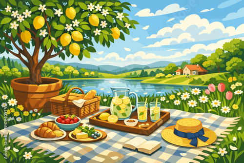 Picnic setup by the lake with food, drinks, and a sunny sky featuring a lemon tree and flowers in the background