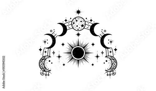 Boho Celestial Lunar Phases and Solar Eclipse Artistic Vector Set