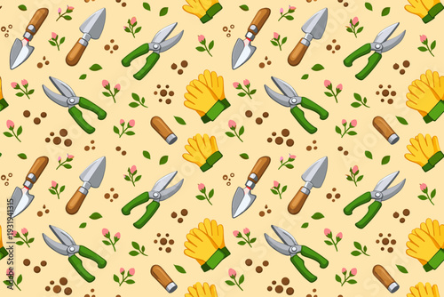 Gardening tools and accessories arranged on a light background with small plants and flowers