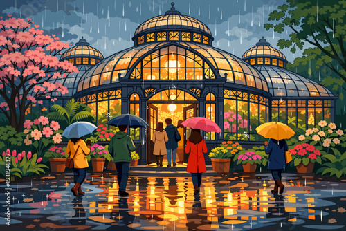 People walk toward a greenhouse during rain while holding colorful umbrellas in a garden setting at dusk in spring